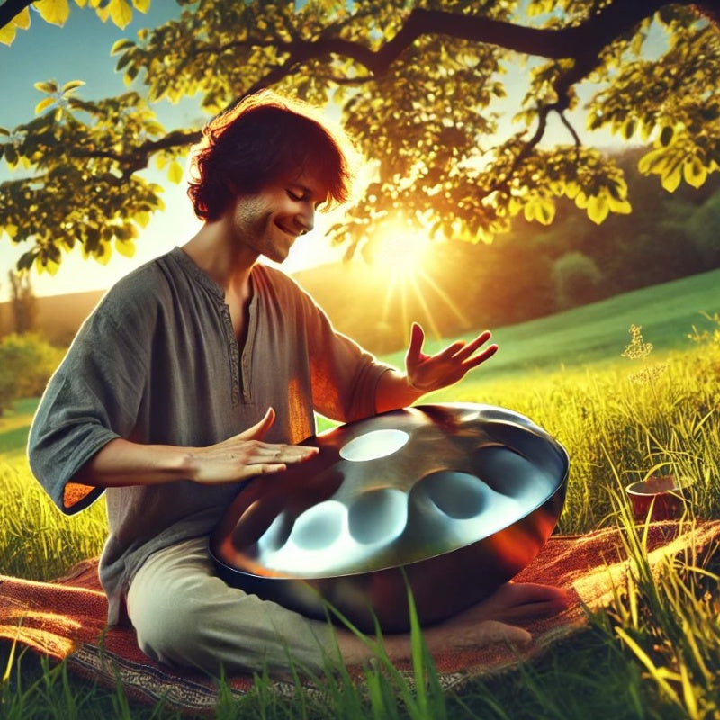 A musician showcasing their expertise on a professional handpan in a beautiful outdoor environment