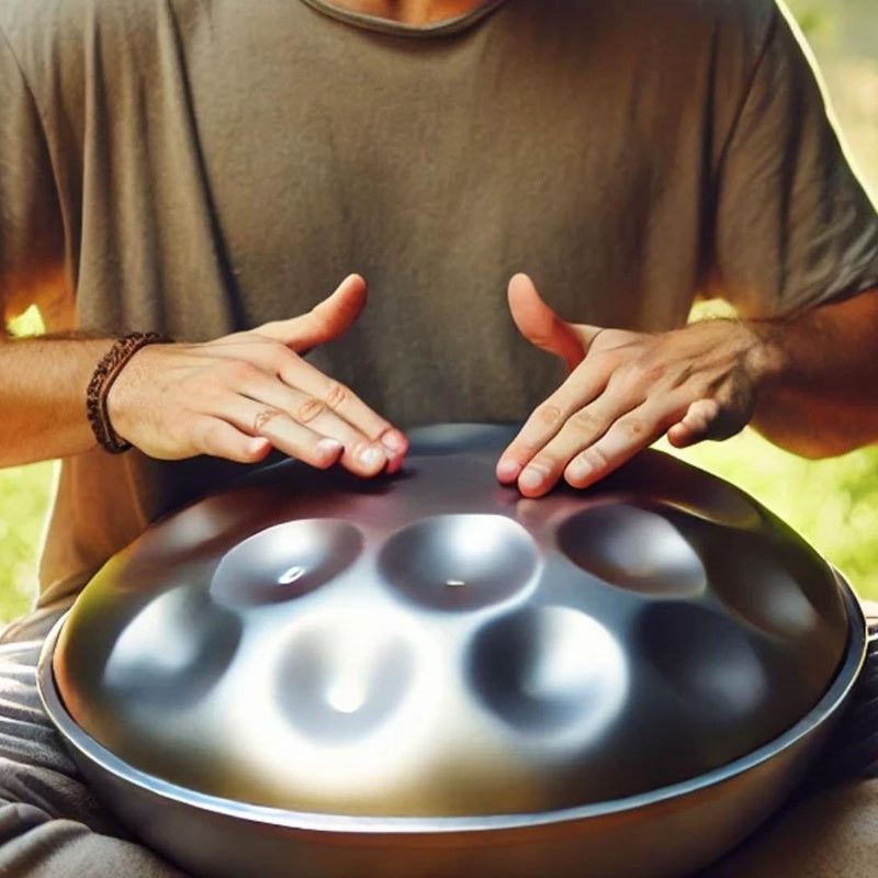 Musician playing a handpan drum for beginners on a sunny grassy field.