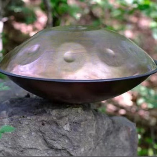 Beautiful handpan displayed on a stone surrounded by lush greenery in the park