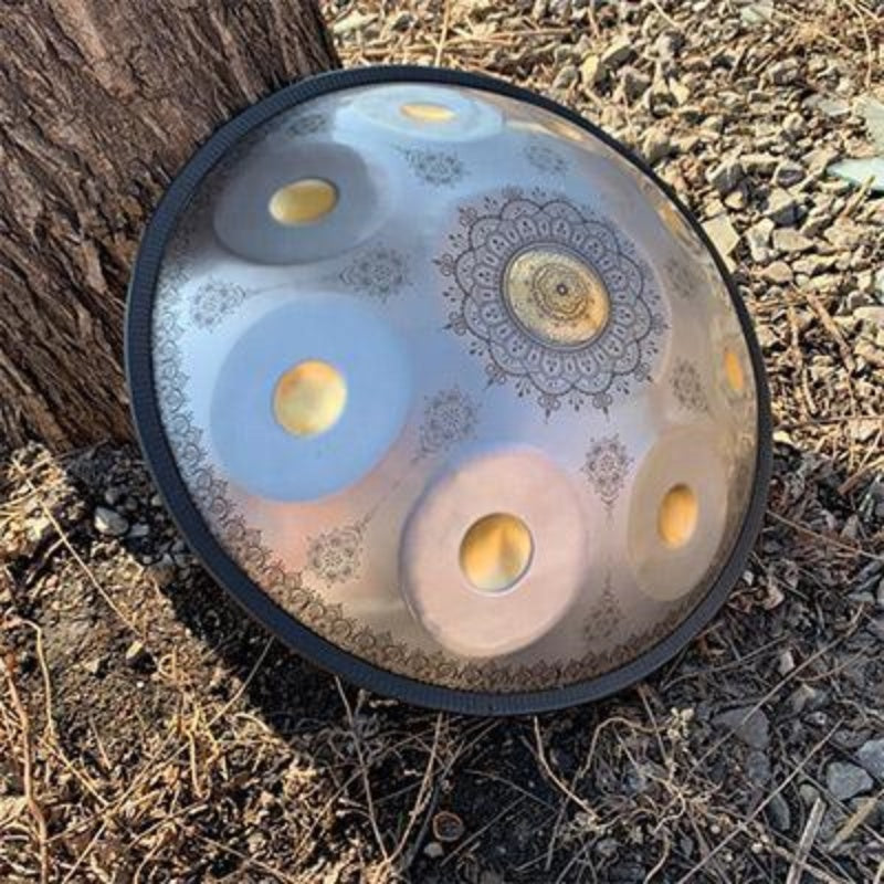 Handpan shown among tall trees in the forest