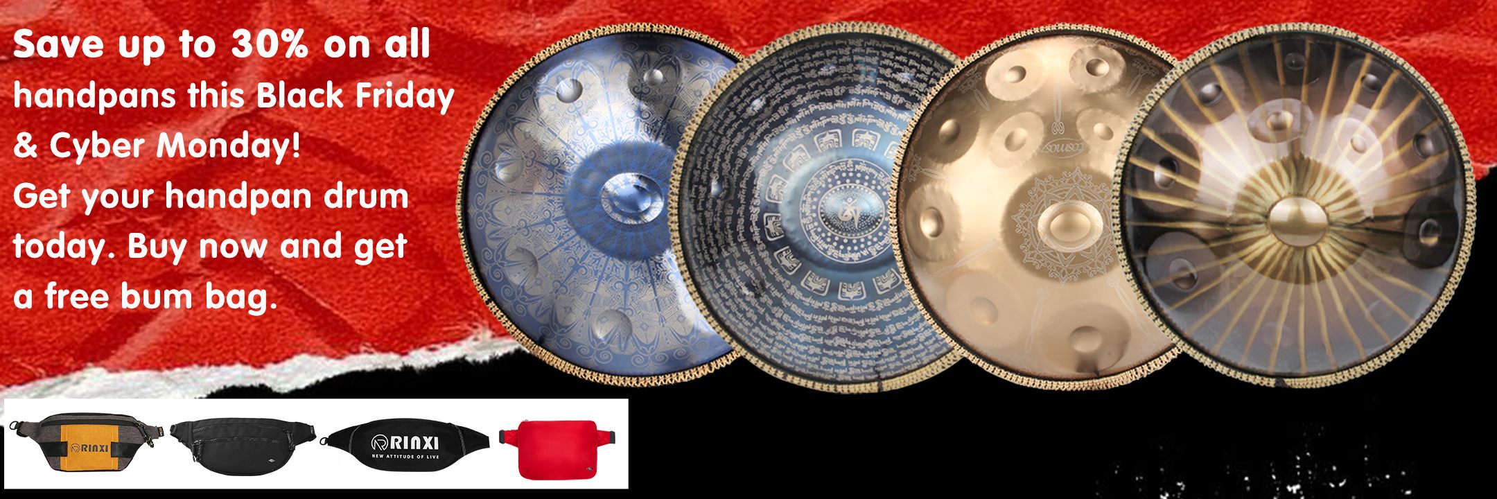 Cosmoshandpan BFCM sale banner showcasing up to 30% off all handpans and a free bum bag.