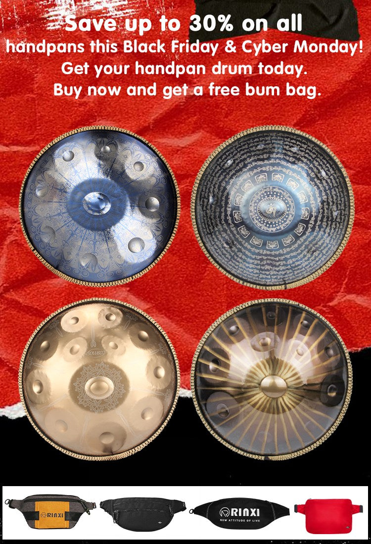 Cosmoshandpan BFCM sale banner showcasing up to 30% off all handpans and a free bum bag.