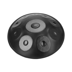 Black handpan featuring a minimalist designBlack handpan notes arranged in a circular pattern