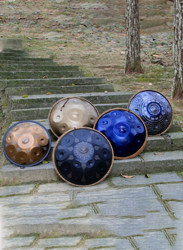 Set of handpans in various sizes and colors