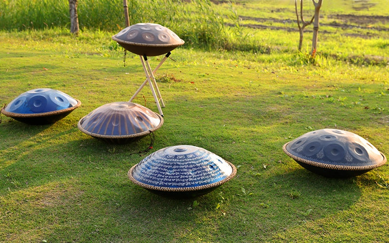 A variety of handpans displayed on the park meadow