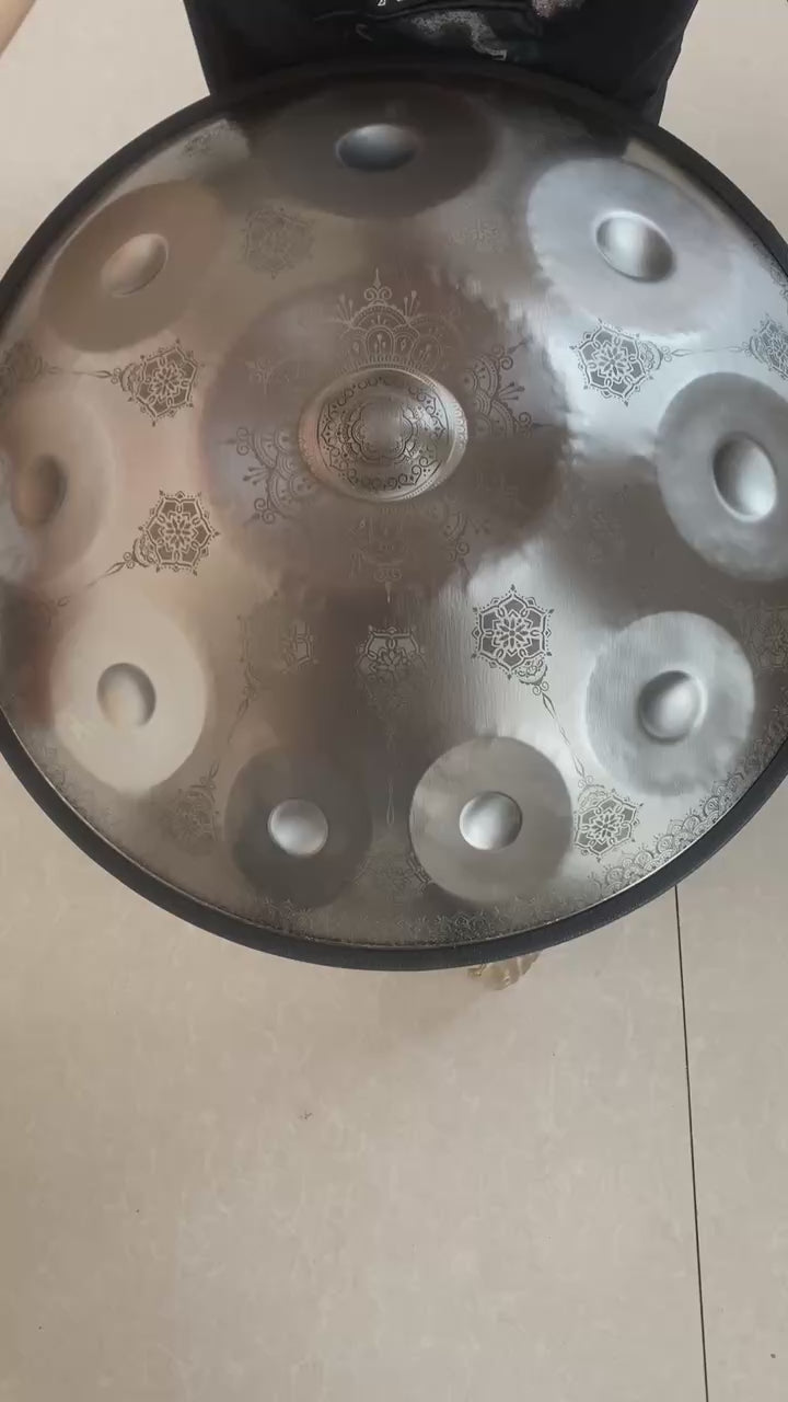 Silver mandala pattern handpan tuning video